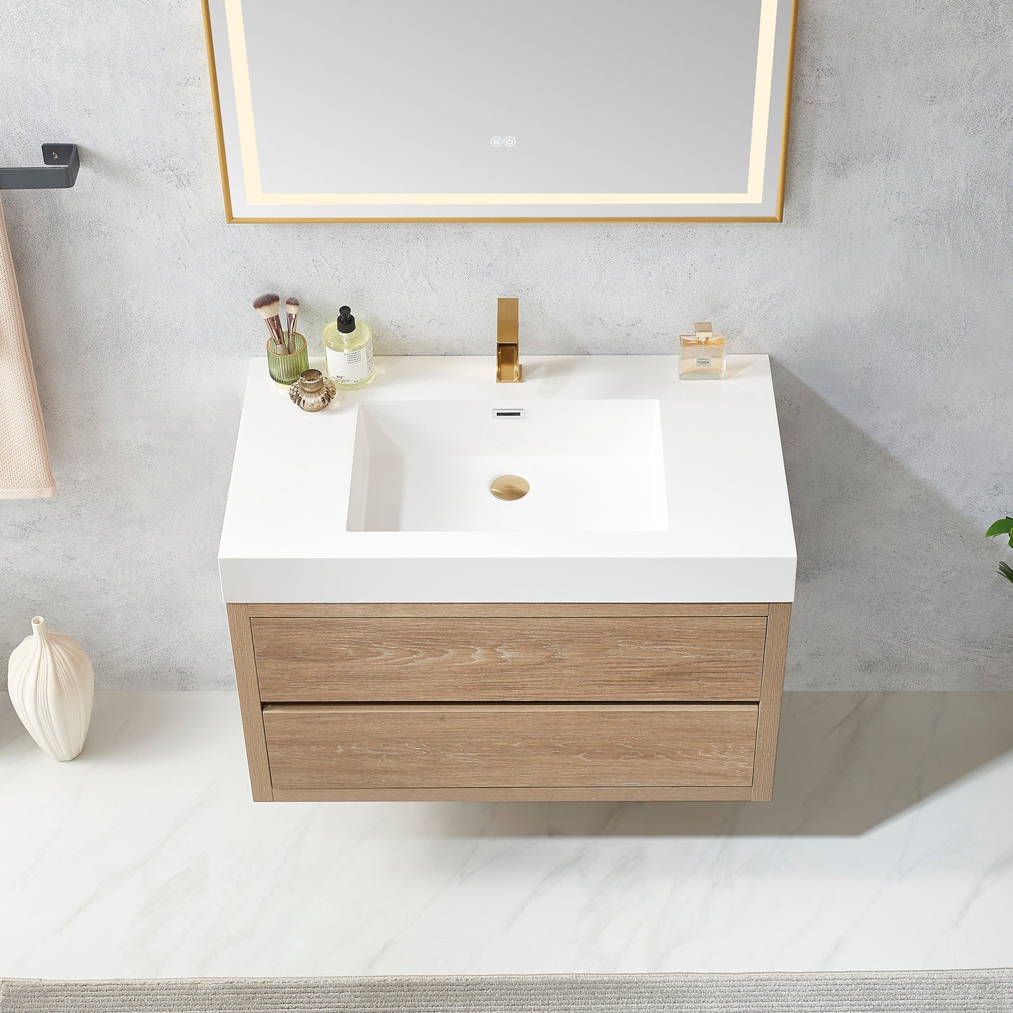 Vinnova, Palencia 36" Single Sink Wall-Mount Bath Vanity in North American Oak with White Composite Integral Square Sink Top