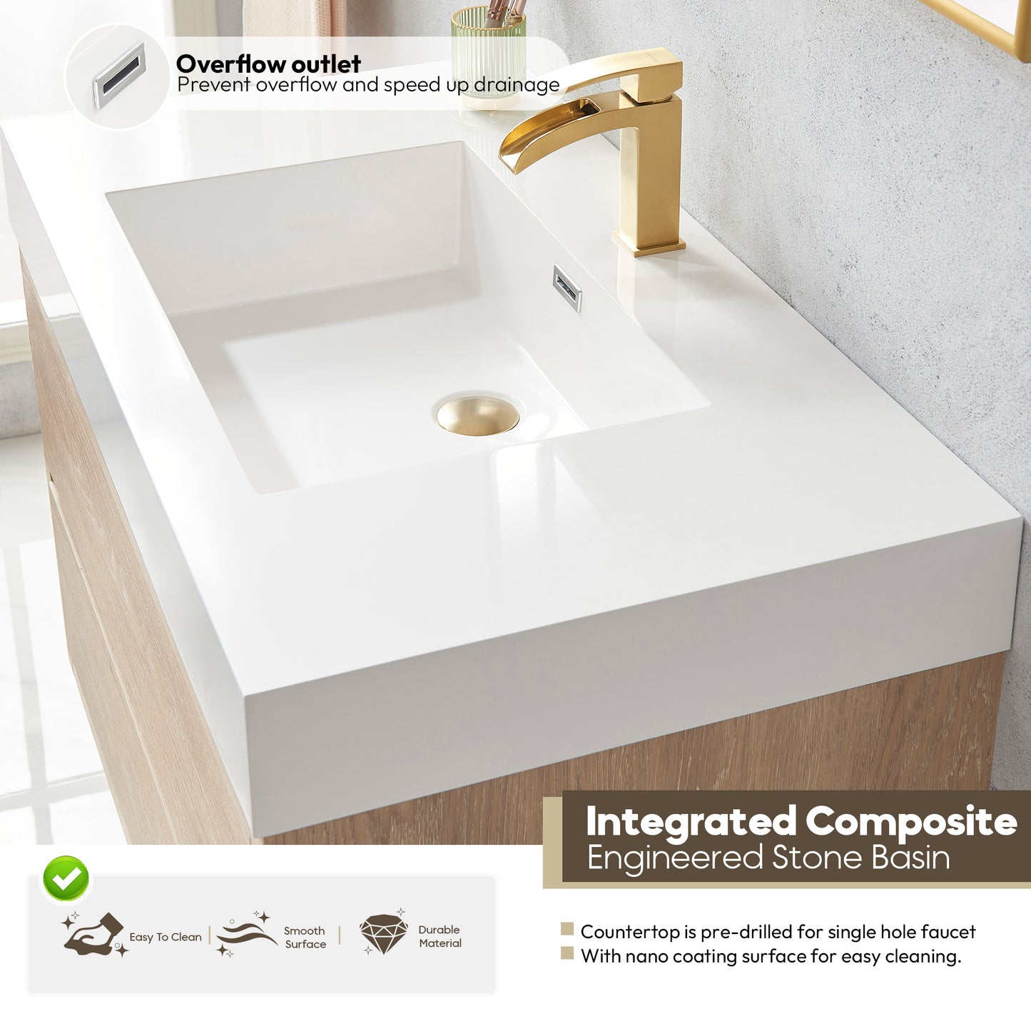 Vinnova, Palencia 36" Single Sink Wall-Mount Bath Vanity in North American Oak with White Composite Integral Square Sink Top