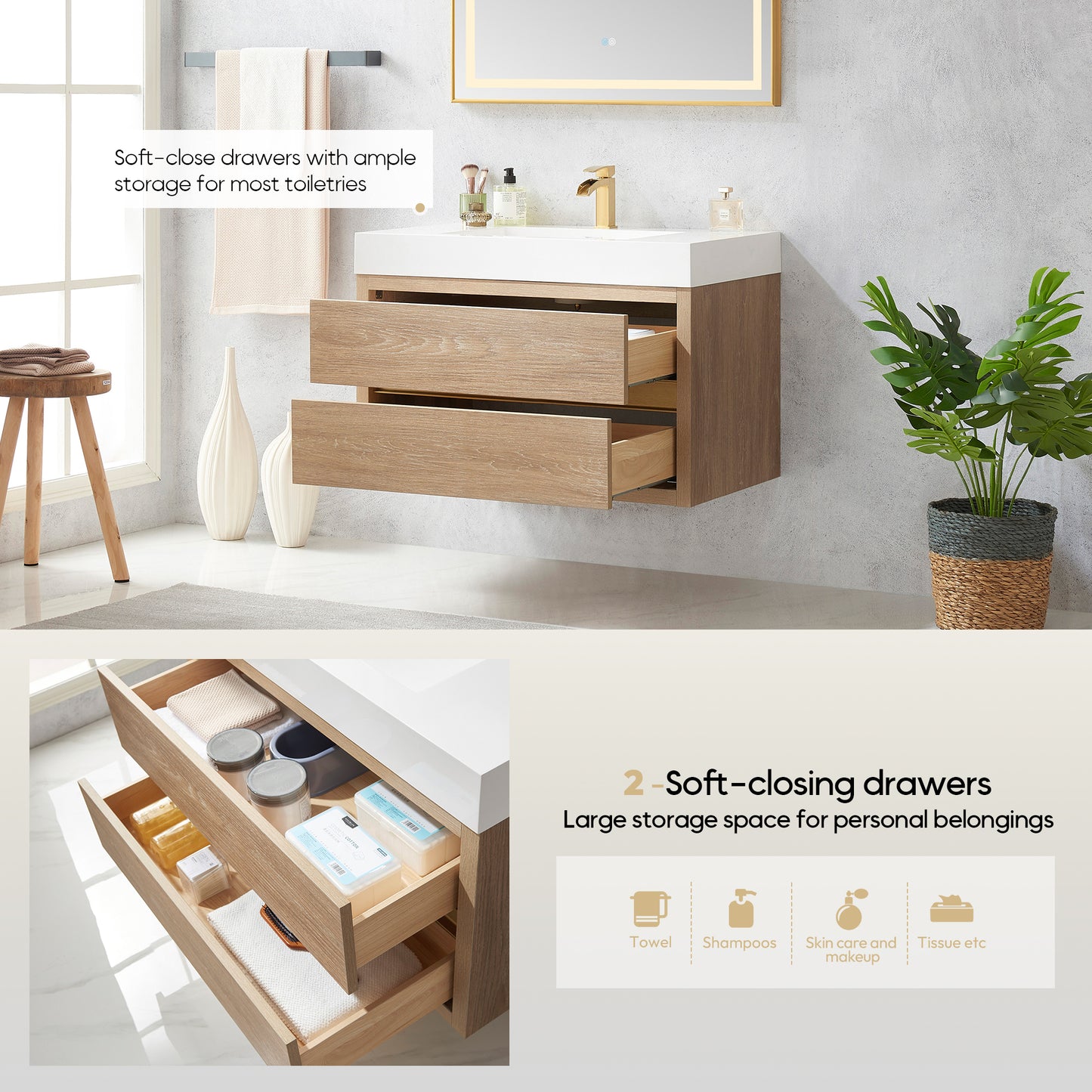 Vinnova, Palencia 36" Single Sink Wall-Mount Bath Vanity in North American Oak with White Composite Integral Square Sink Top