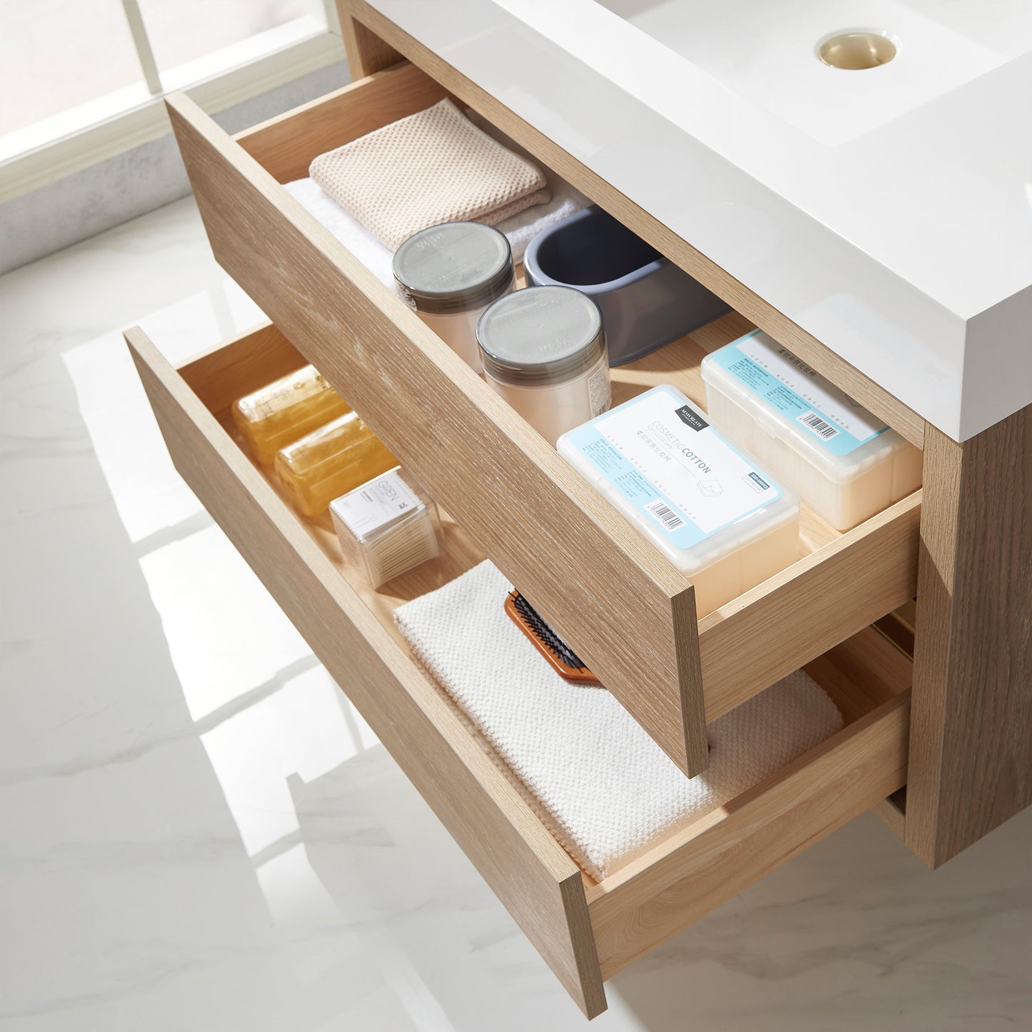 Vinnova, Palencia 36" Single Sink Wall-Mount Bath Vanity in North American Oak with White Composite Integral Square Sink Top