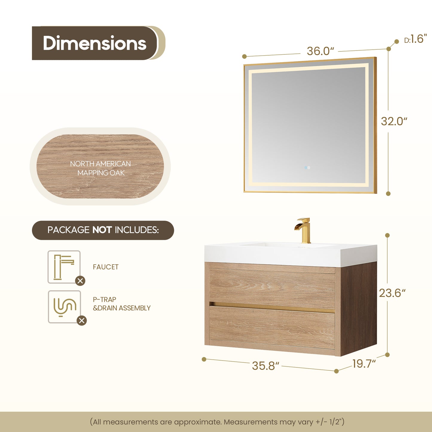 Vinnova, Palencia 36" Single Sink Wall-Mount Bath Vanity in North American Oak with White Composite Integral Square Sink Top and Mirror