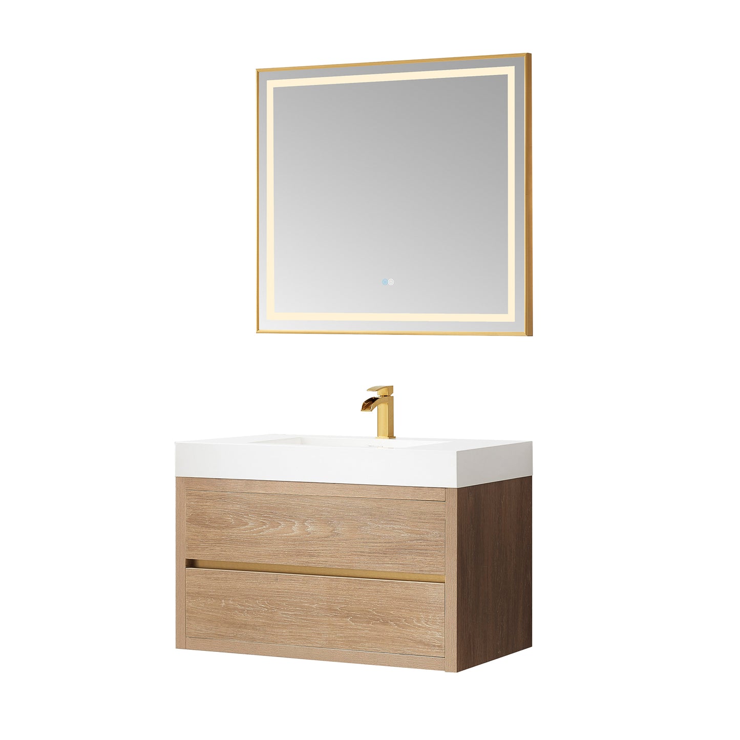 Vinnova, Palencia 36" Single Sink Wall-Mount Bath Vanity in North American Oak with White Composite Integral Square Sink Top and Mirror