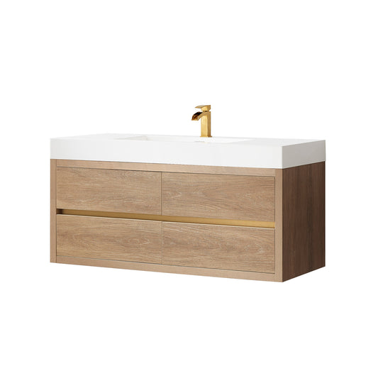 Vinnova, Palencia 48" Single Sink Wall-Mount Bath Vanity in North American Oak with White Composite Integral Square Sink Top