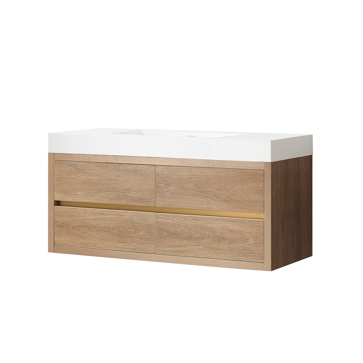 Vinnova, Palencia 48" Single Sink Wall-Mount Bath Vanity in North American Oak with White Composite Integral Square Sink Top
