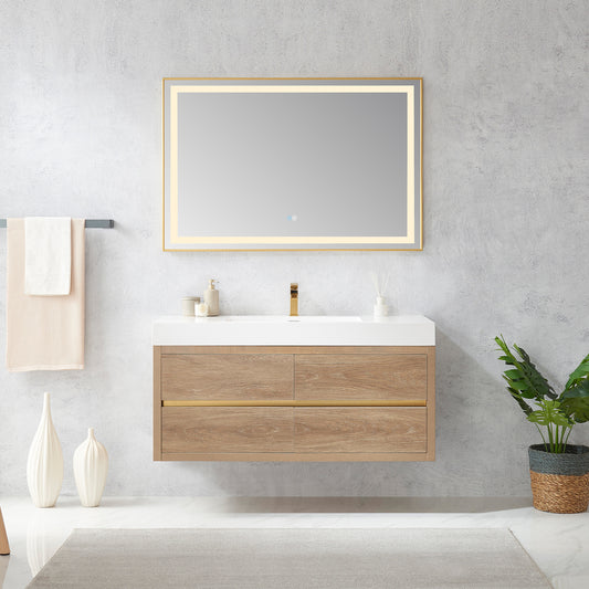 Vinnova, Palencia 48" Single Sink Wall-Mount Bath Vanity in North American Oak with White Composite Integral Square Sink Top and Mirror