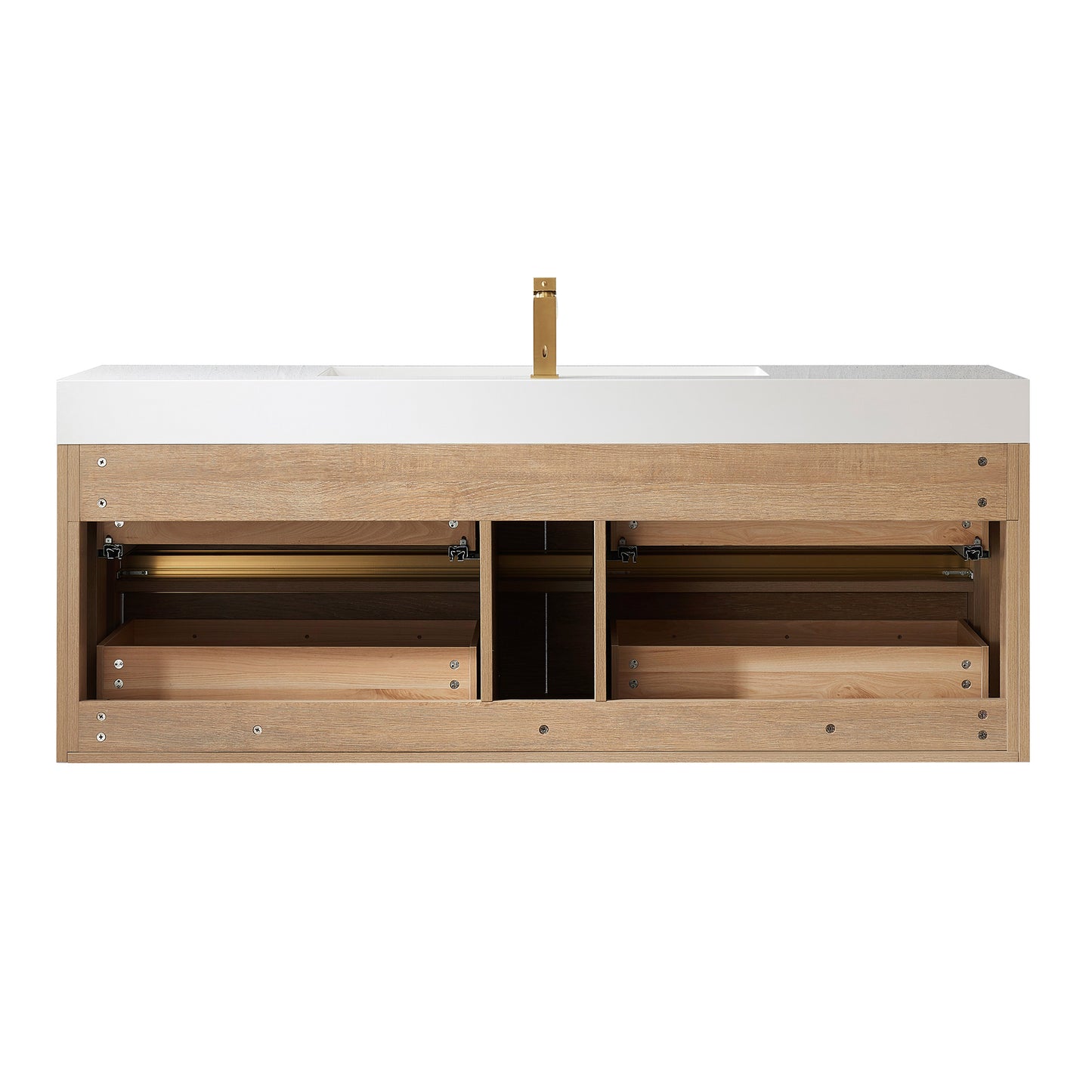 Vinnova, Palencia 60" Single Sink Wall-Mount Bath Vanity in North American Oak with White Composite Integral Square Sink Top
