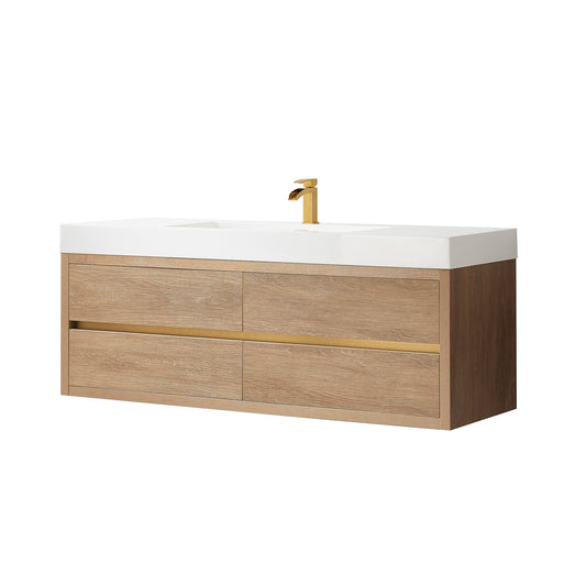 Vinnova, Palencia 60" Single Sink Wall-Mount Bath Vanity in North American Oak with White Composite Integral Square Sink Top