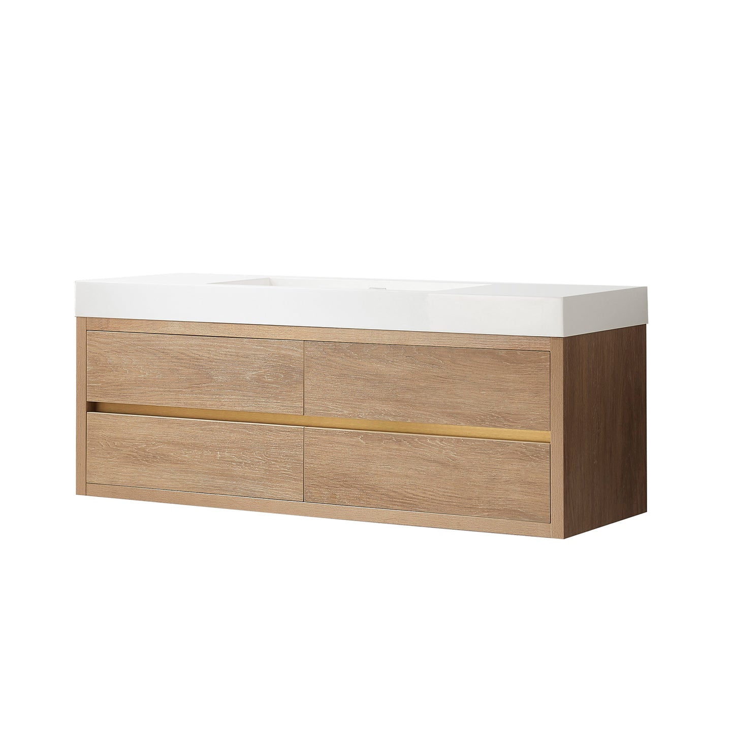 Vinnova, Palencia 60" Single Sink Wall-Mount Bath Vanity in North American Oak with White Composite Integral Square Sink Top