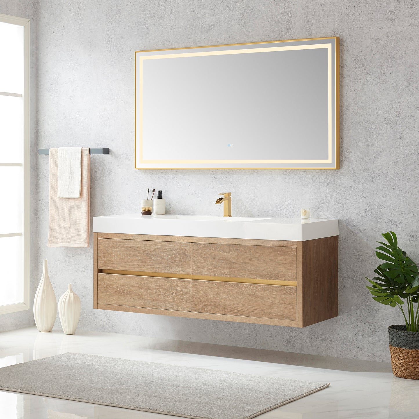 Vinnova, Palencia 60" Single Sink Wall-Mount Bath Vanity in North American Oak with White Composite Integral Square Sink Top