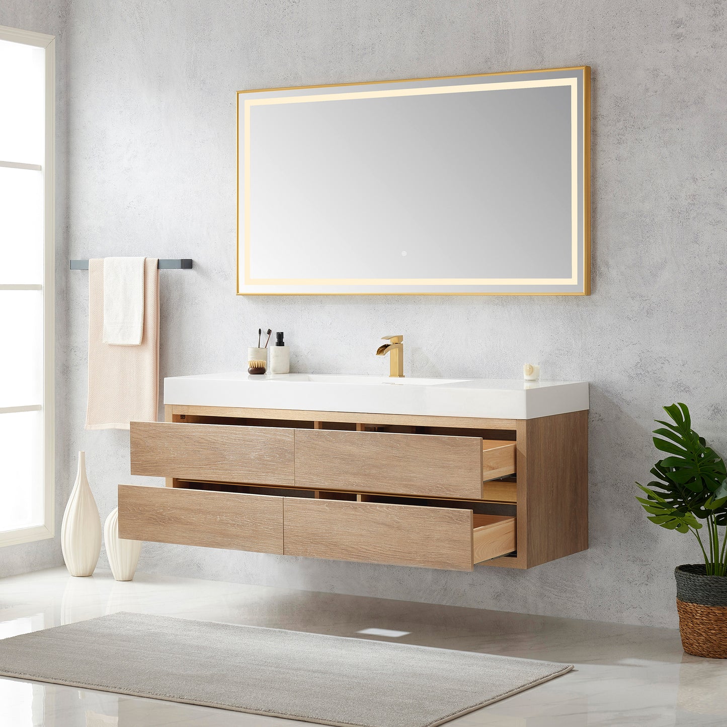 Vinnova, Palencia 60" Single Sink Wall-Mount Bath Vanity in North American Oak with White Composite Integral Square Sink Top