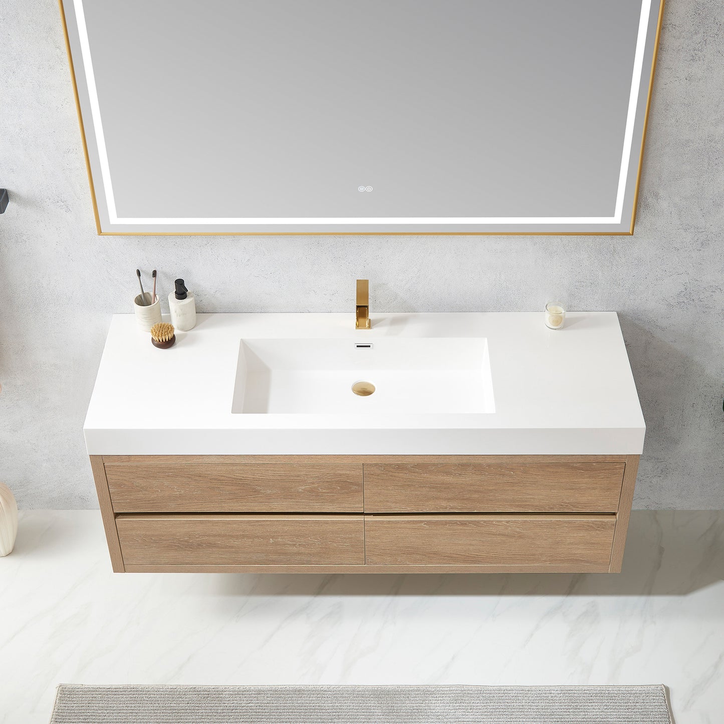 Vinnova, Palencia 60" Single Sink Wall-Mount Bath Vanity in North American Oak with White Composite Integral Square Sink Top