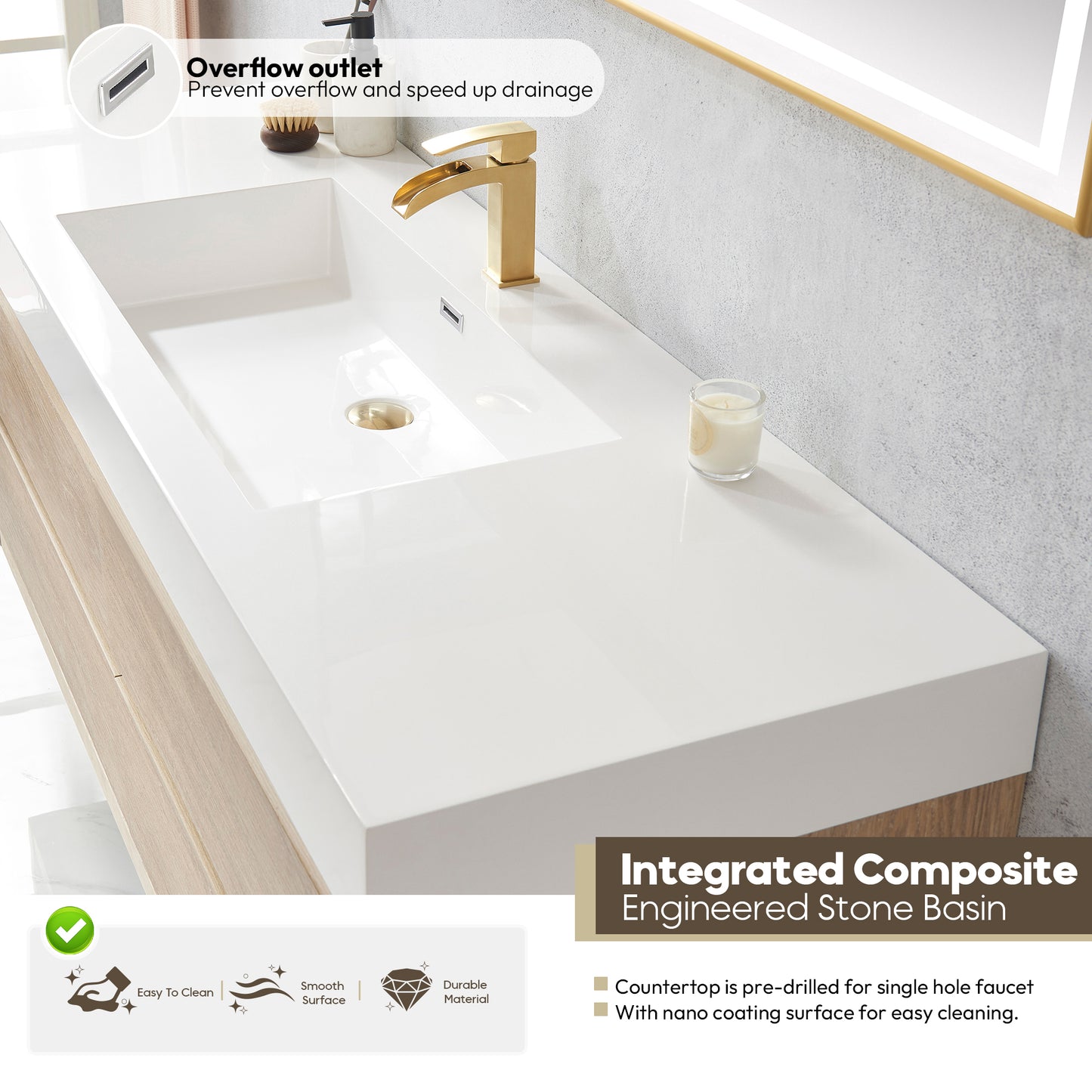 Vinnova, Palencia 60" Single Sink Wall-Mount Bath Vanity in North American Oak with White Composite Integral Square Sink Top