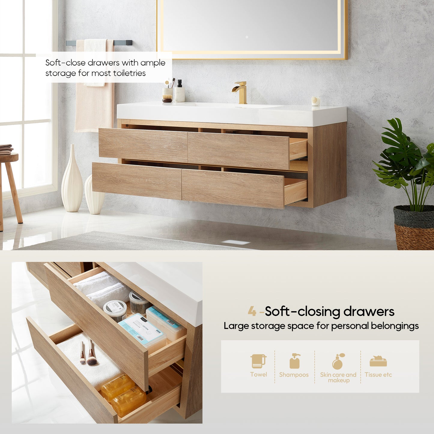 Vinnova, Palencia 60" Single Sink Wall-Mount Bath Vanity in North American Oak with White Composite Integral Square Sink Top