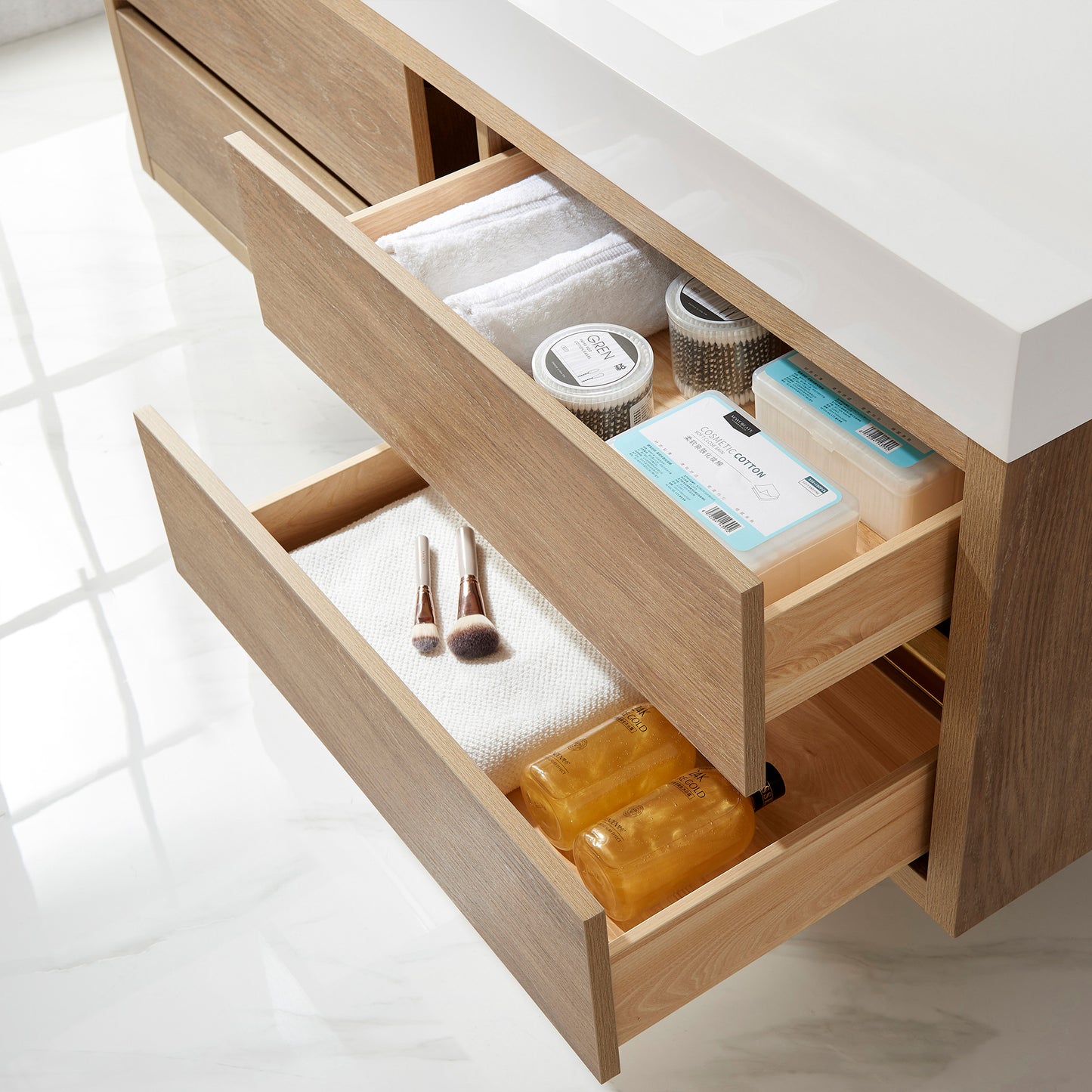 Vinnova, Palencia 60" Single Sink Wall-Mount Bath Vanity in North American Oak with White Composite Integral Square Sink Top