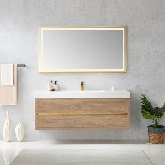 Vinnova, Palencia 60" Single Sink Wall-Mount Bath Vanity in North American Oak with White Composite Integral Square Sink Top and Mirror