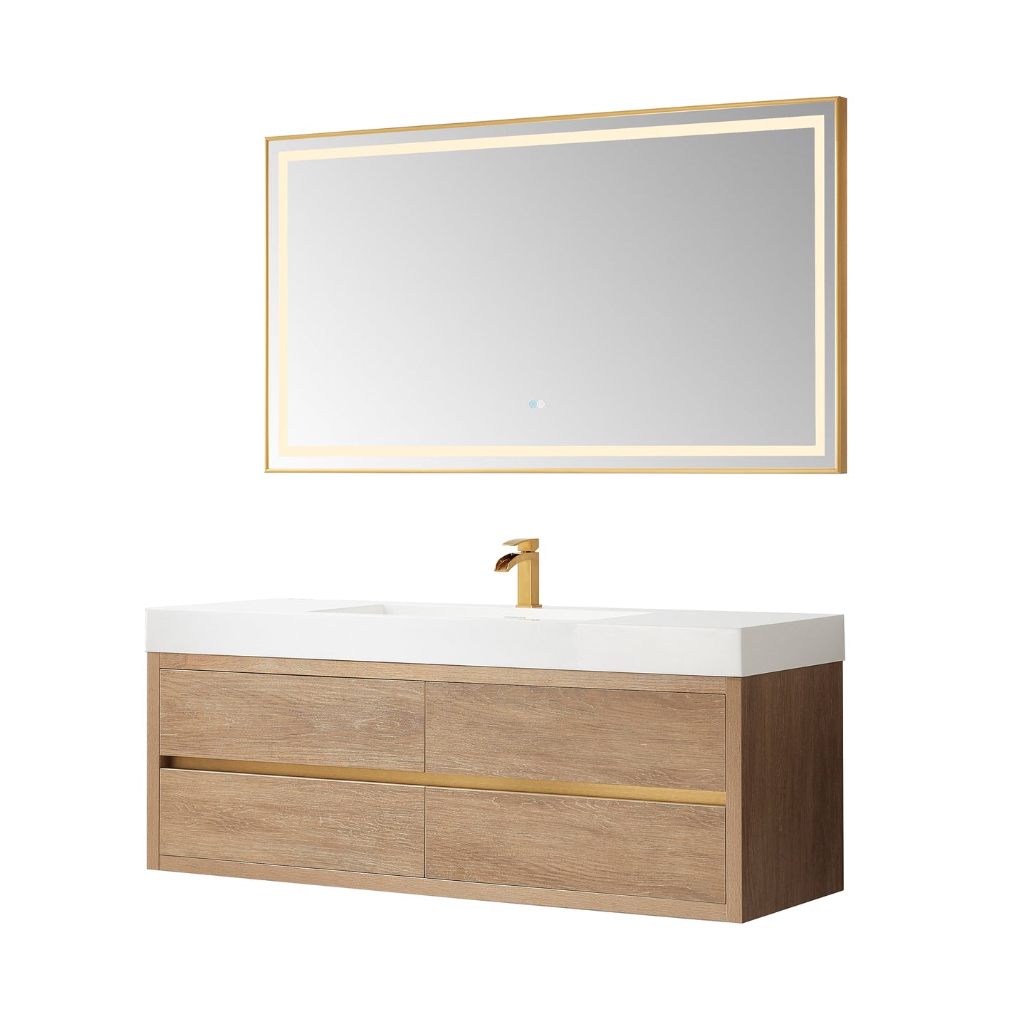 Vinnova, Palencia 60" Single Sink Wall-Mount Bath Vanity in North American Oak with White Composite Integral Square Sink Top and Mirror
