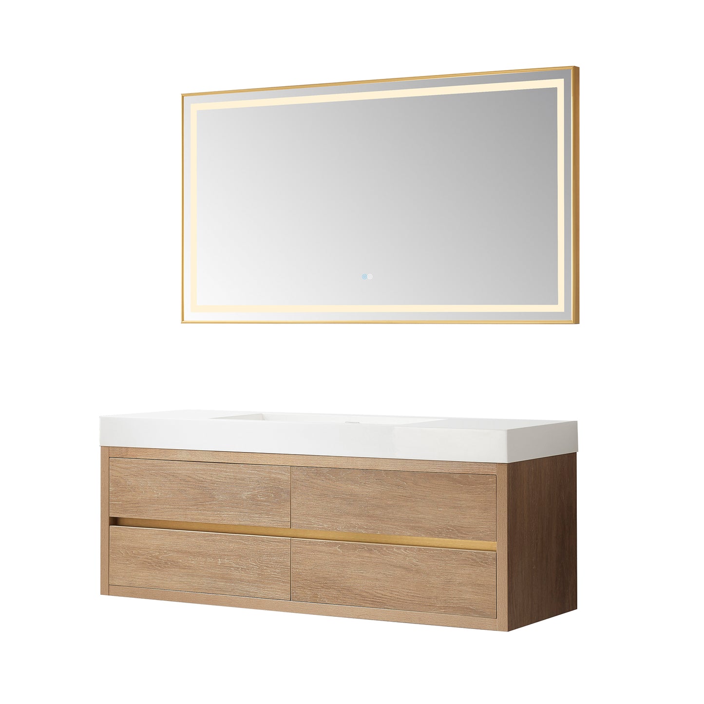 Vinnova, Palencia 60" Single Sink Wall-Mount Bath Vanity in North American Oak with White Composite Integral Square Sink Top and Mirror