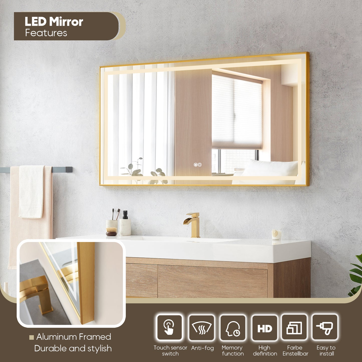 Vinnova, Palencia 60" Single Sink Wall-Mount Bath Vanity in North American Oak with White Composite Integral Square Sink Top and Mirror