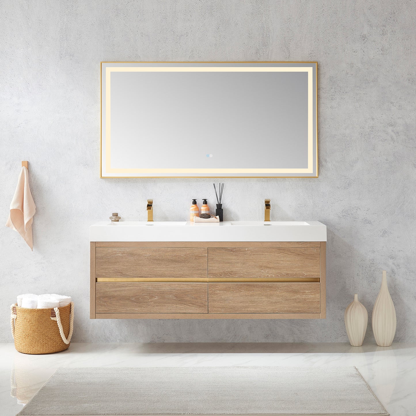 Vinnova, Palencia 60M" Double Sink Wall-Mount Bath Vanity in North American Oak with White Composite Integral Square Sink Top