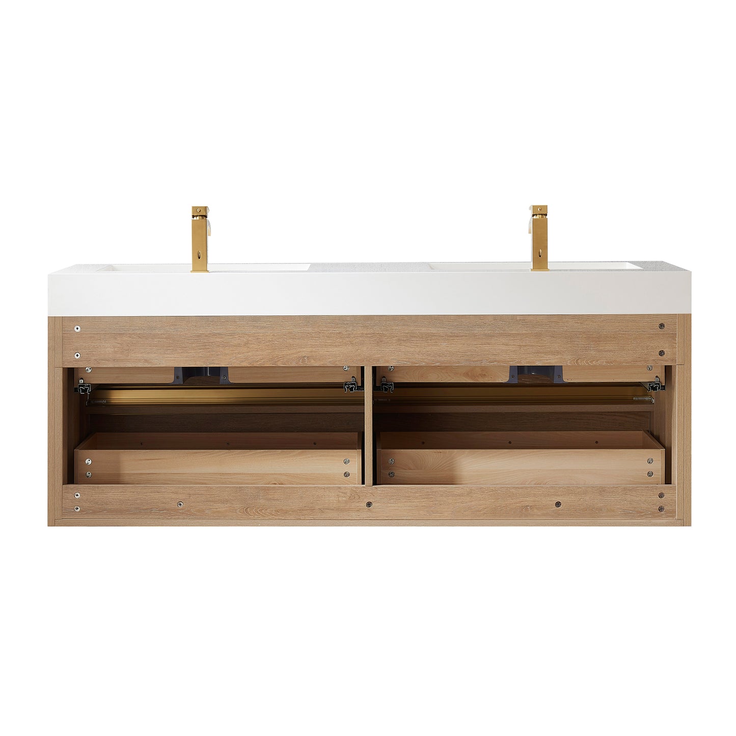Vinnova, Palencia 60M" Double Sink Wall-Mount Bath Vanity in North American Oak with White Composite Integral Square Sink Top
