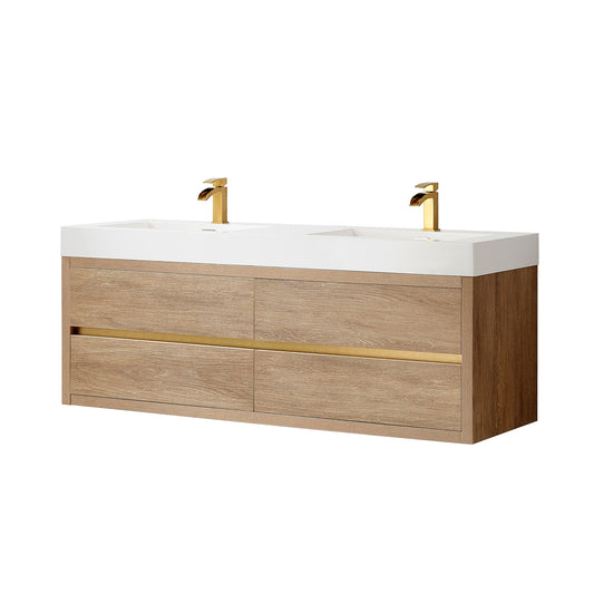 Vinnova, Palencia 60M" Double Sink Wall-Mount Bath Vanity in North American Oak with White Composite Integral Square Sink Top