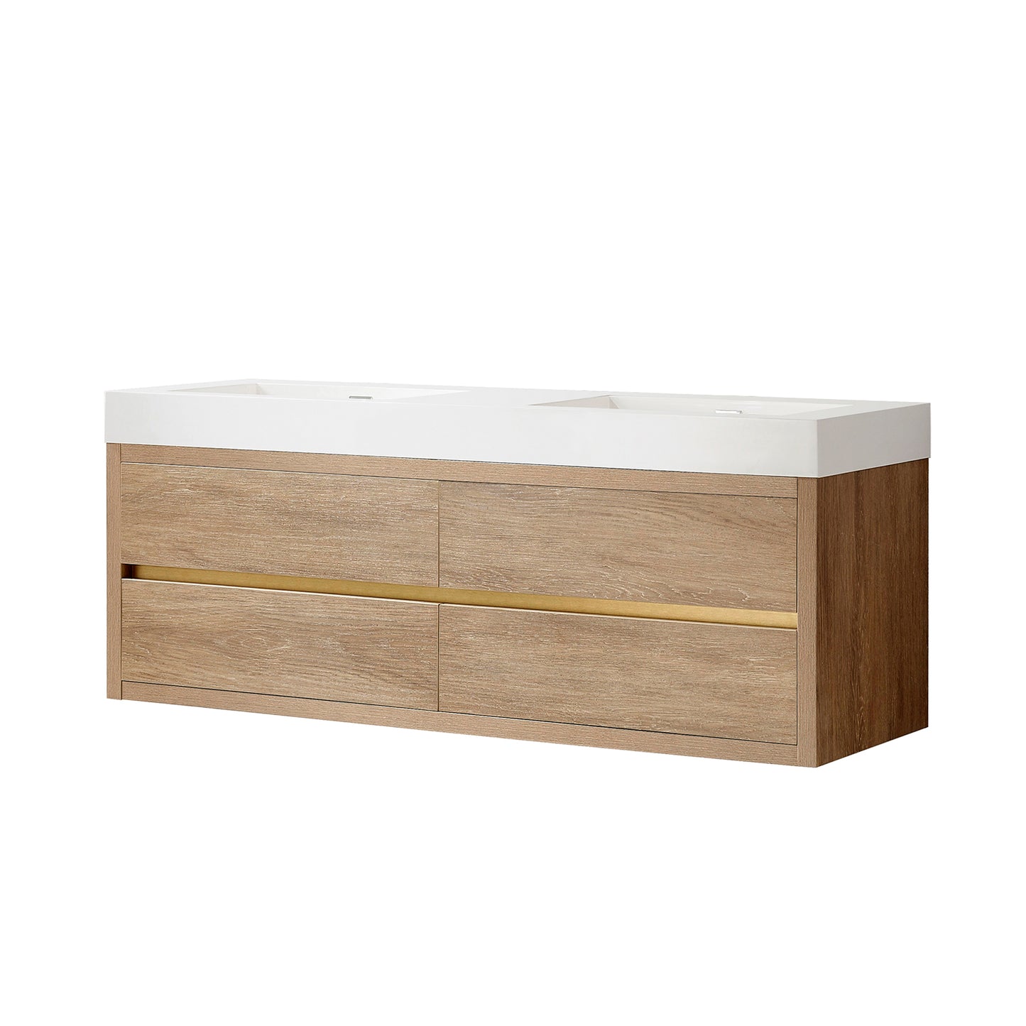 Vinnova, Palencia 60M" Double Sink Wall-Mount Bath Vanity in North American Oak with White Composite Integral Square Sink Top