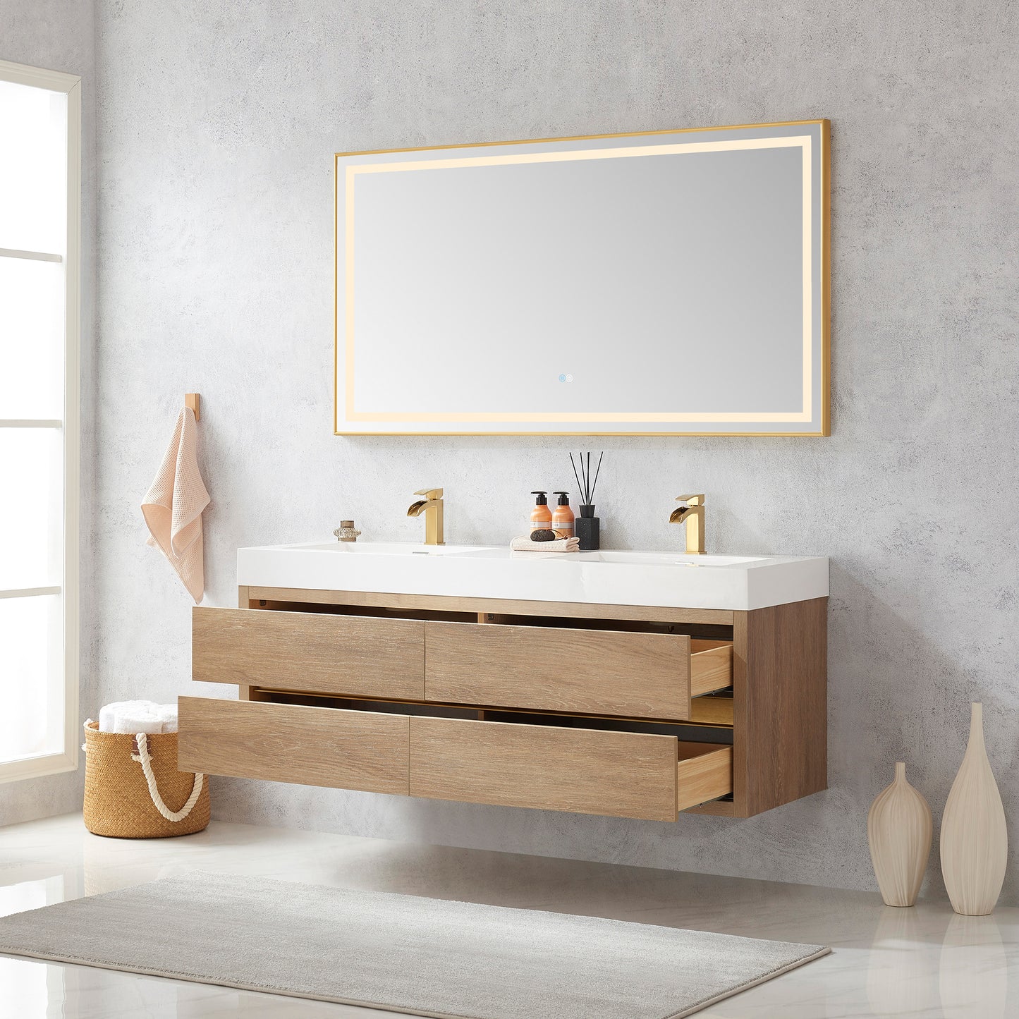 Vinnova, Palencia 60M" Double Sink Wall-Mount Bath Vanity in North American Oak with White Composite Integral Square Sink Top
