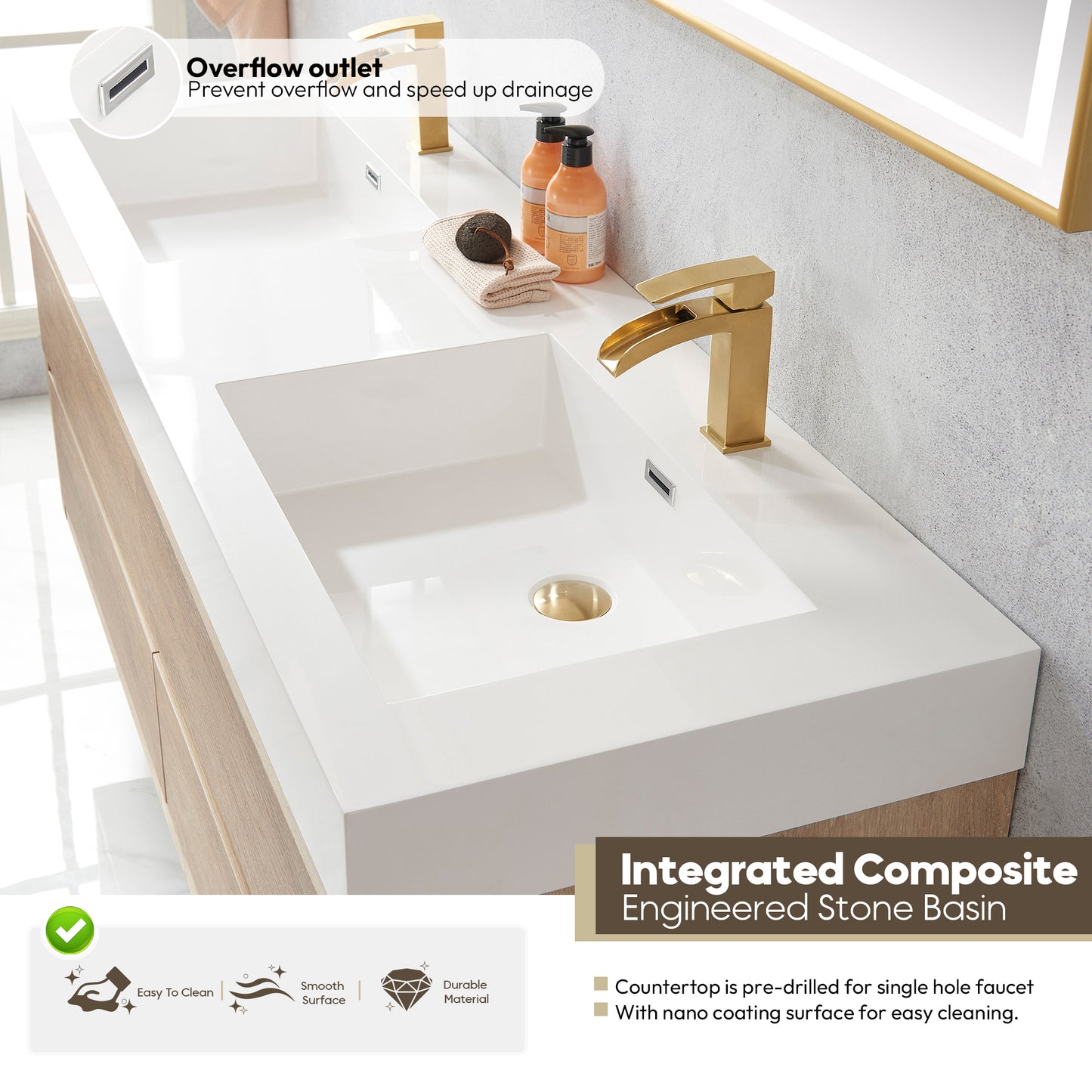 Vinnova, Palencia 60M" Double Sink Wall-Mount Bath Vanity in North American Oak with White Composite Integral Square Sink Top