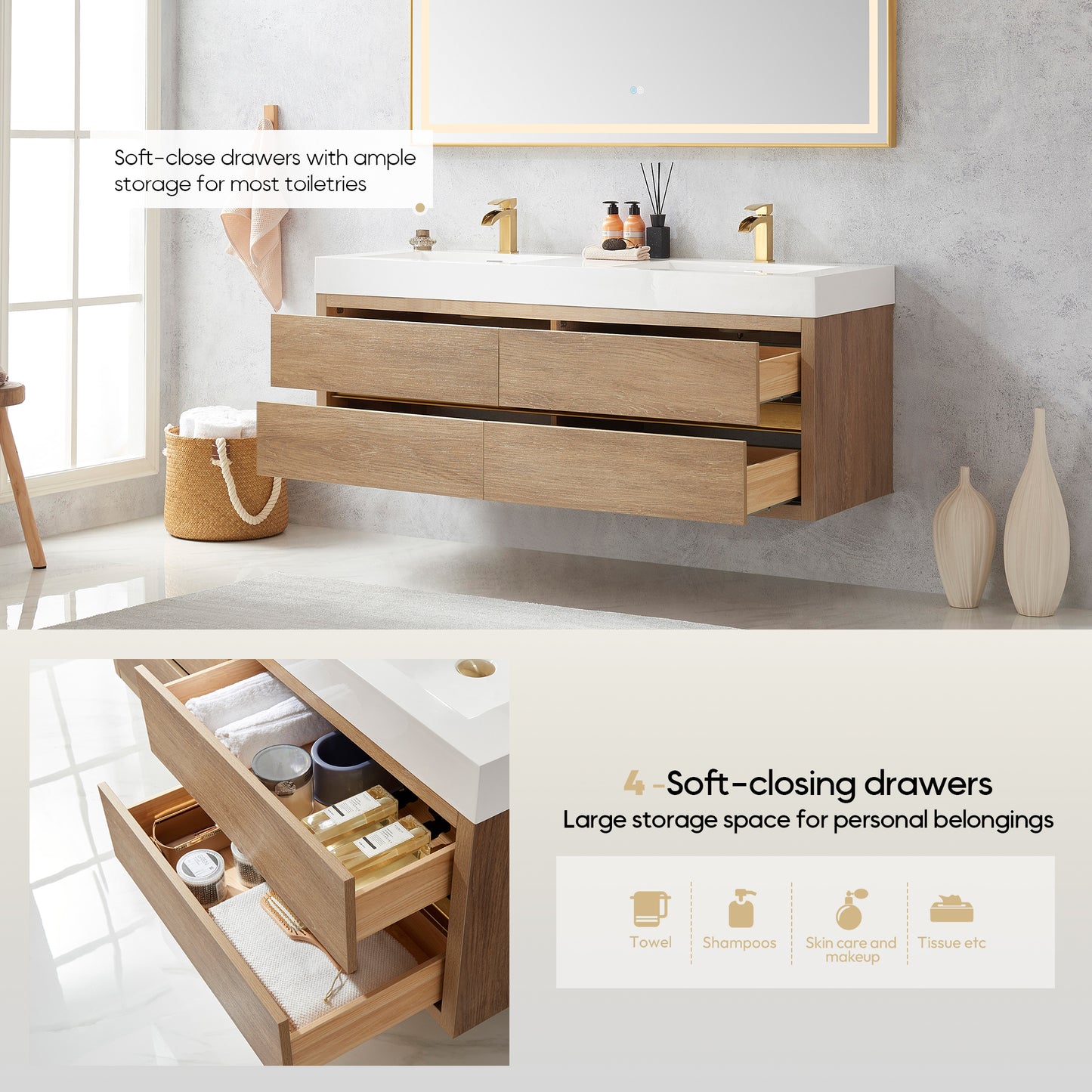 Vinnova, Palencia 60M" Double Sink Wall-Mount Bath Vanity in North American Oak with White Composite Integral Square Sink Top