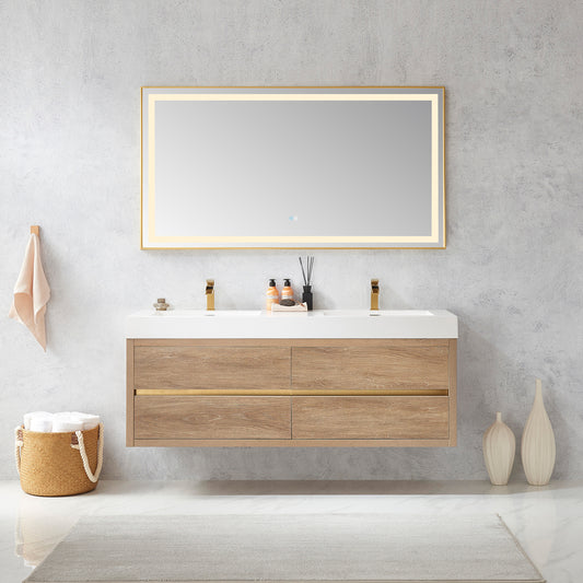 Vinnova, Palencia 60M" Double Sink Wall-Mount Bath Vanity in North American Oak with White Composite Integral Square Sink Top and Mirror