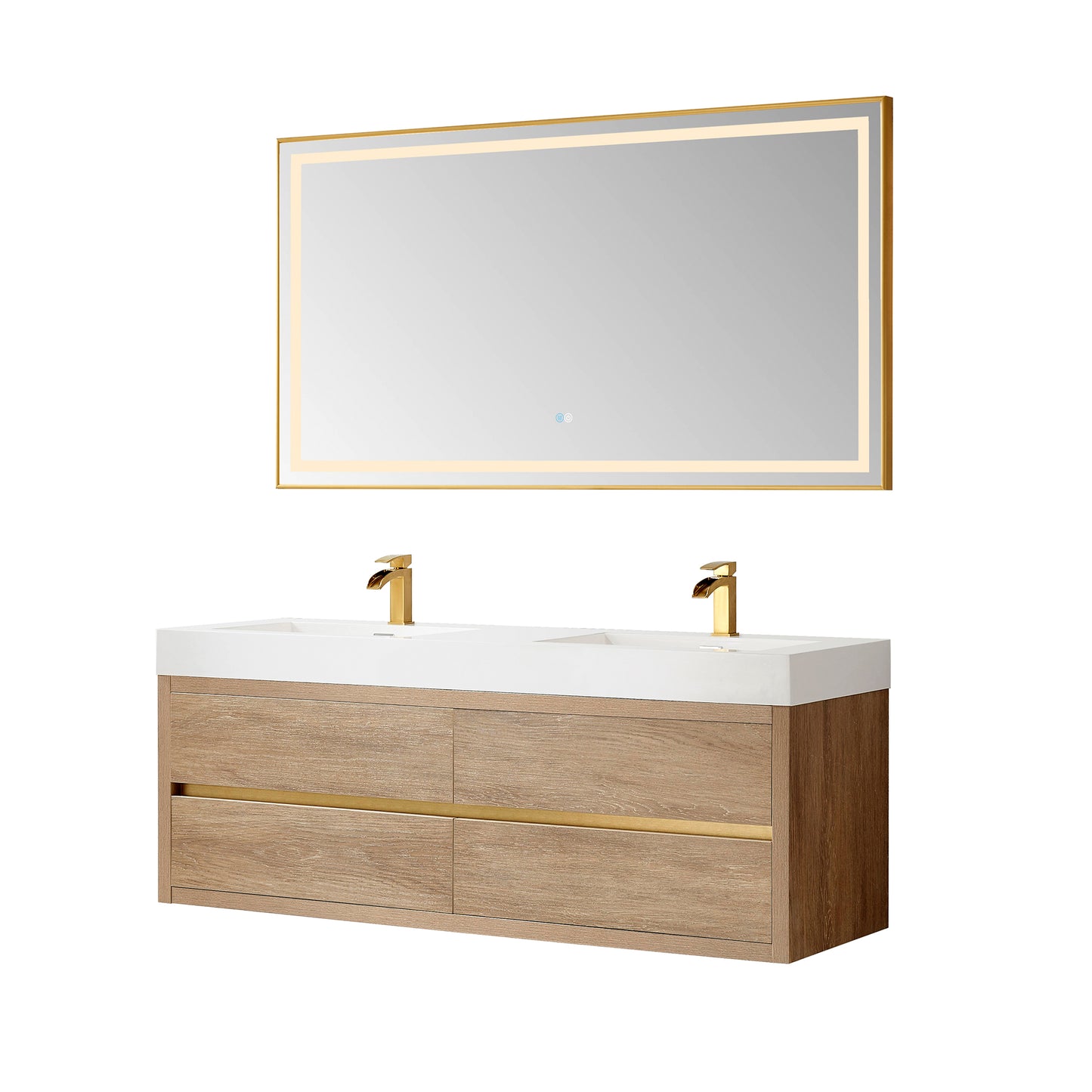 Vinnova, Palencia 60M" Double Sink Wall-Mount Bath Vanity in North American Oak with White Composite Integral Square Sink Top and Mirror