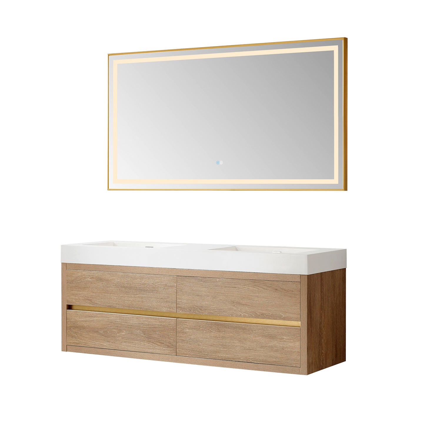 Vinnova, Palencia 60M" Double Sink Wall-Mount Bath Vanity in North American Oak with White Composite Integral Square Sink Top and Mirror