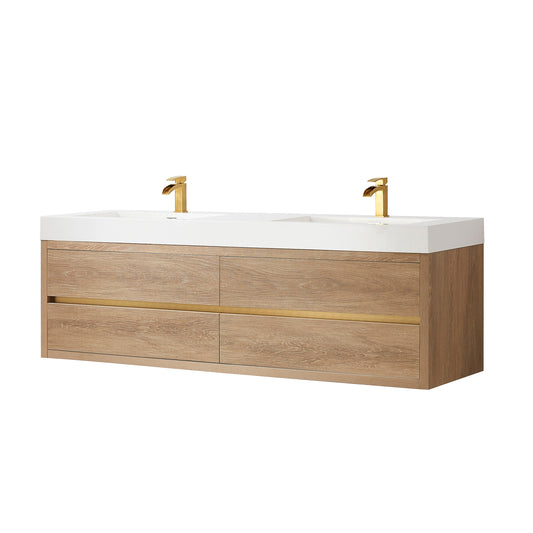 Vinnova, Palencia 72" Double Sink Wall-Mount Bath Vanity in North American Oak with White Composite Integral Square Sink Top