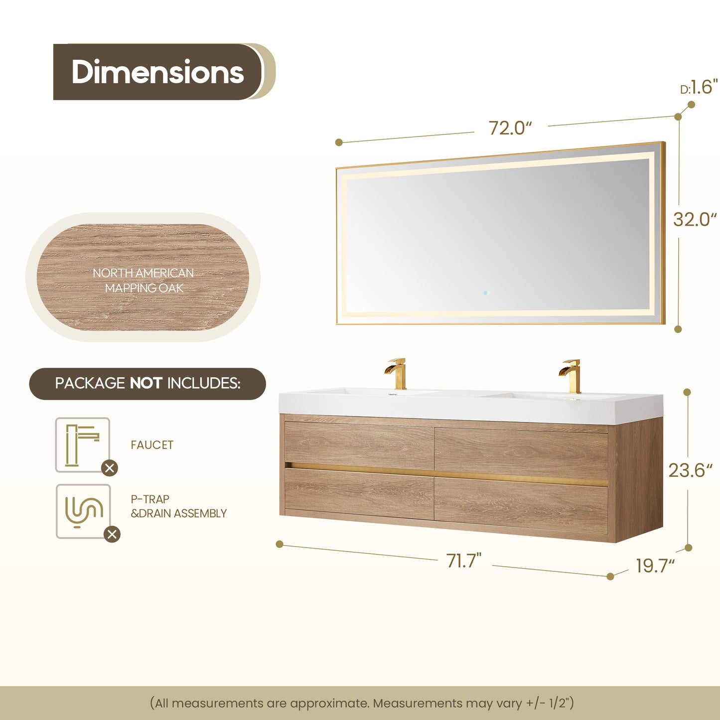 Vinnova, Palencia 72" Double Sink Wall-Mount Bath Vanity in North American Oak with White Composite Integral Square Sink Top and Mirror