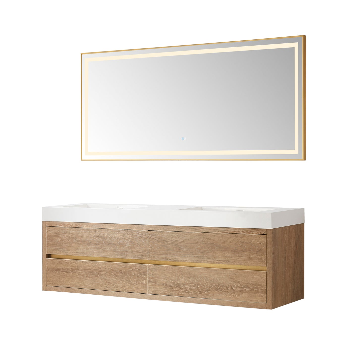Vinnova, Palencia 72" Double Sink Wall-Mount Bath Vanity in North American Oak with White Composite Integral Square Sink Top and Mirror