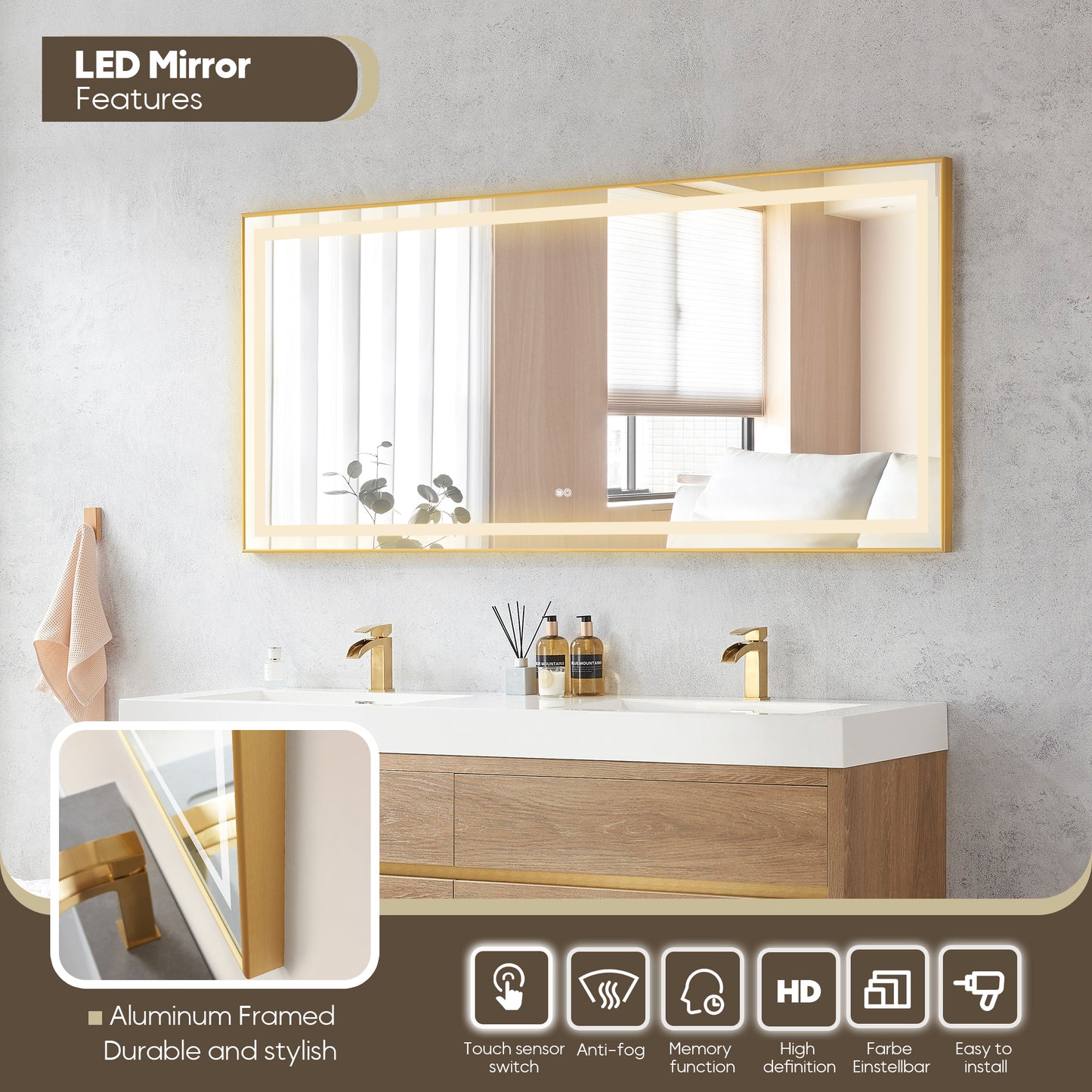 Vinnova, Palencia 72" Double Sink Wall-Mount Bath Vanity in North American Oak with White Composite Integral Square Sink Top and Mirror