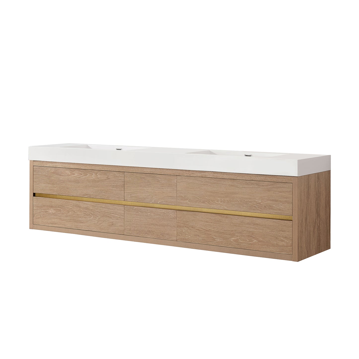 Vinnova, Palencia 84" Double Sink Wall-Mount Bath Vanity in North American Oak with White Composite Integral Sink Top