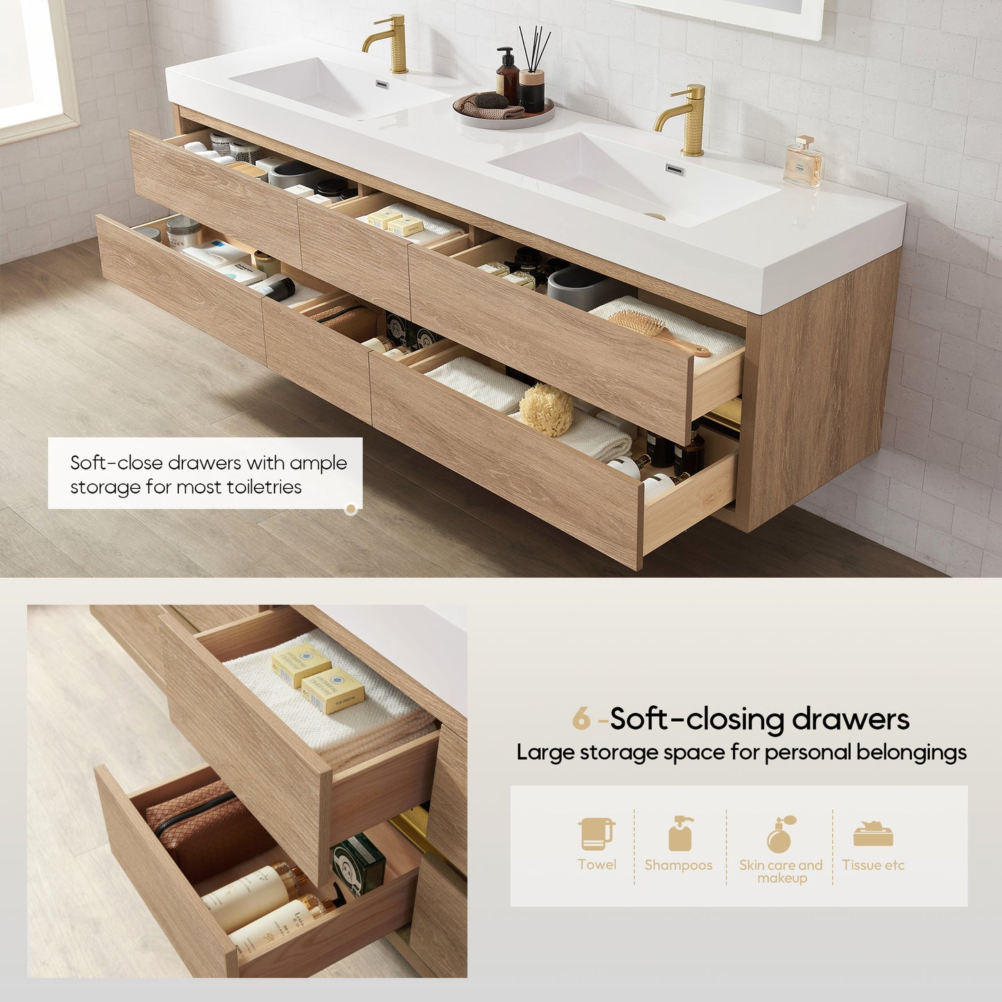 Vinnova, Palencia 84" Double Sink Wall-Mount Bath Vanity in North American Oak with White Composite Integral Sink Top