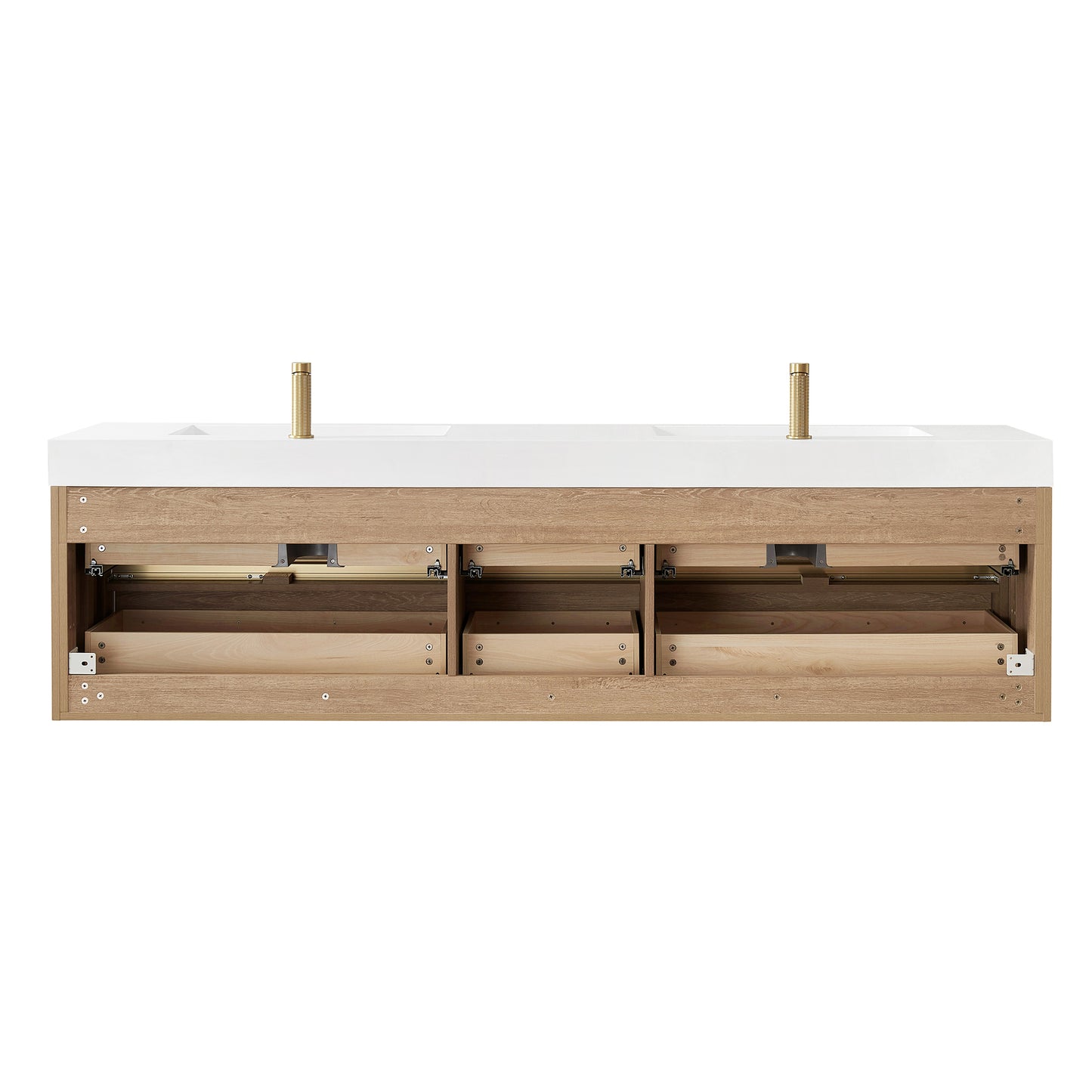 Vinnova, Palencia 84" Double Sink Wall-Mount Bath Vanity in North American Oak with White Composite Integral Sink Top and Mirror