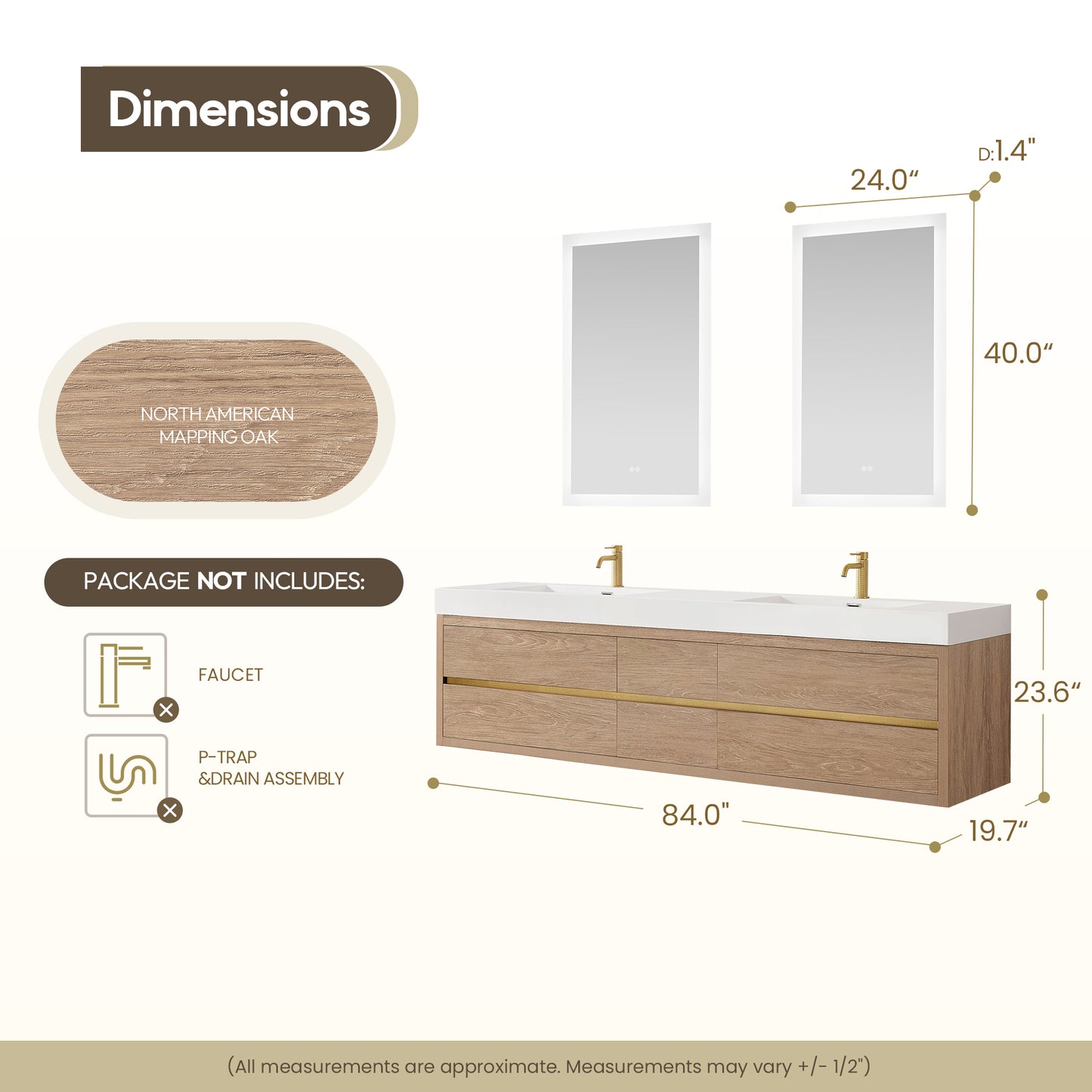 Vinnova, Palencia 84" Double Sink Wall-Mount Bath Vanity in North American Oak with White Composite Integral Sink Top and Mirror