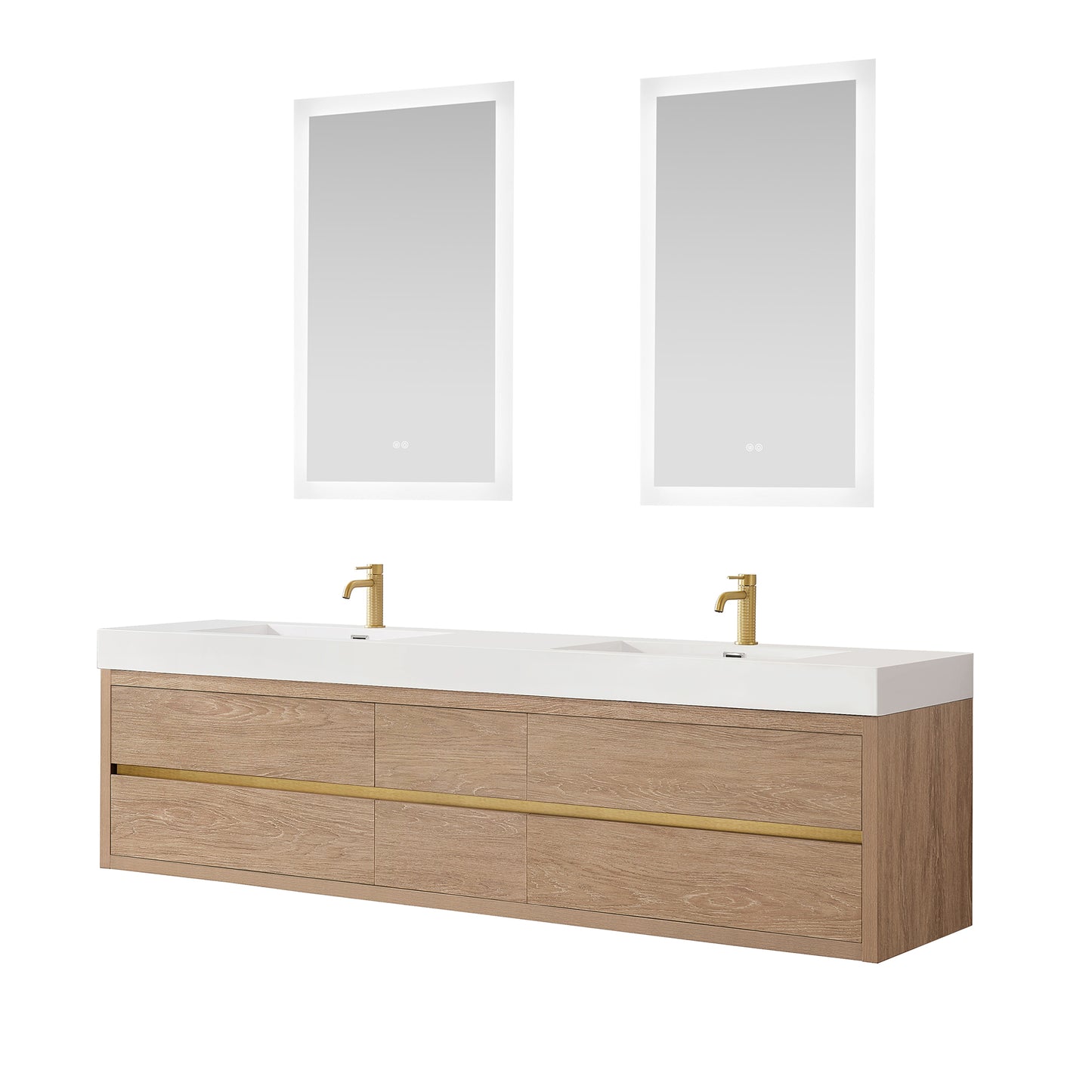Vinnova, Palencia 84" Double Sink Wall-Mount Bath Vanity in North American Oak with White Composite Integral Sink Top and Mirror