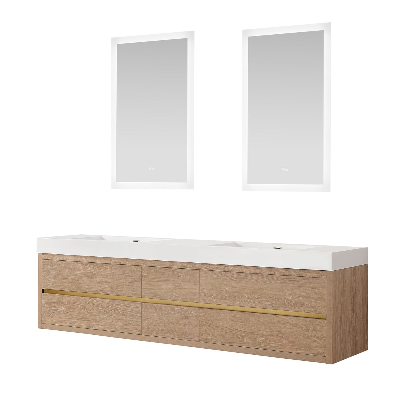 Vinnova, Palencia 84" Double Sink Wall-Mount Bath Vanity in North American Oak with White Composite Integral Sink Top and Mirror