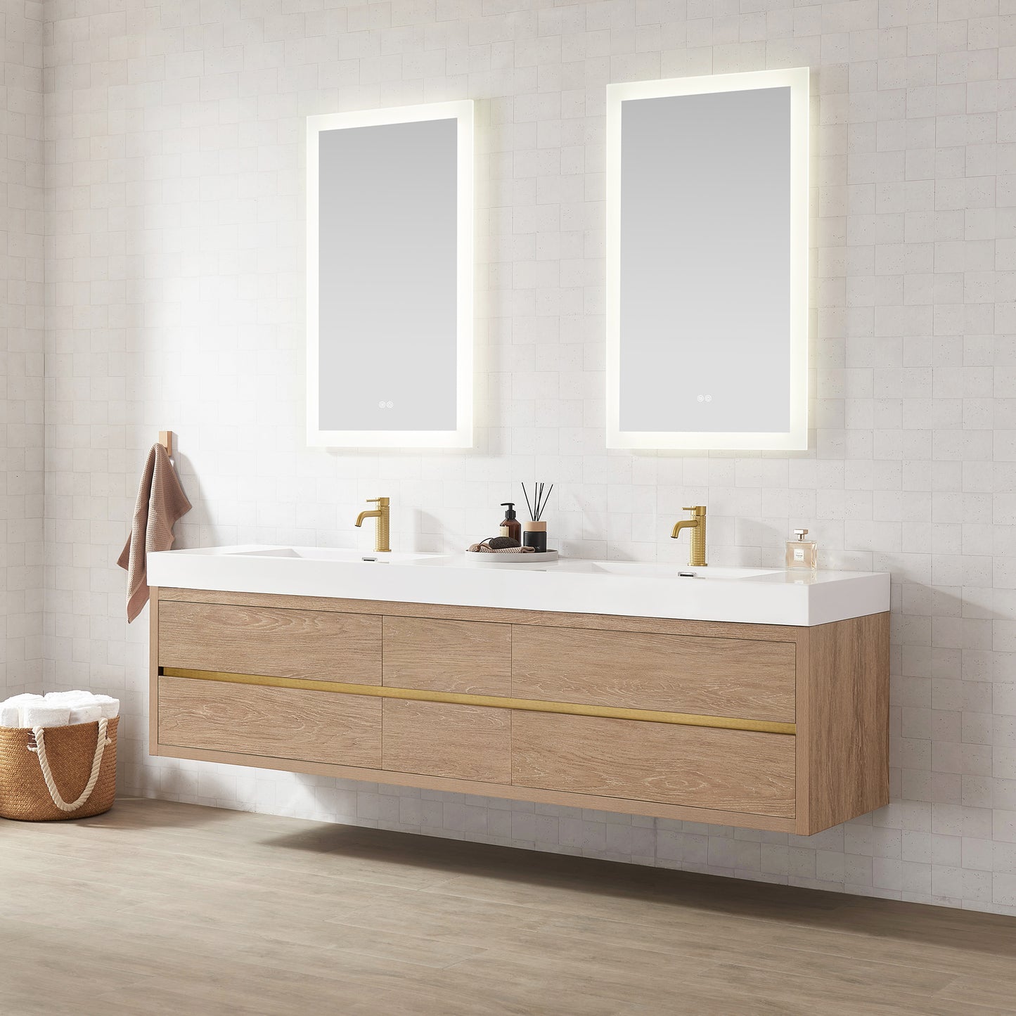 Vinnova, Palencia 84" Double Sink Wall-Mount Bath Vanity in North American Oak with White Composite Integral Sink Top and Mirror