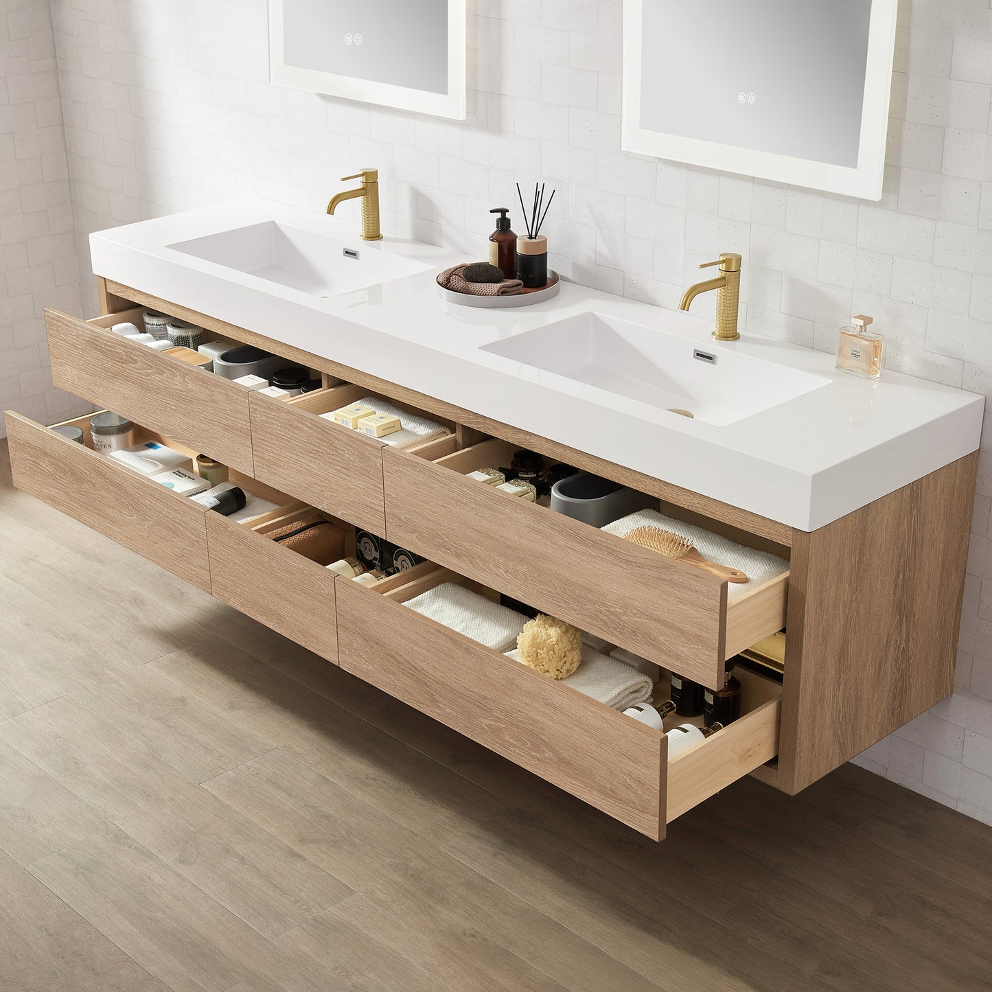 Vinnova, Palencia 84" Double Sink Wall-Mount Bath Vanity in North American Oak with White Composite Integral Sink Top and Mirror
