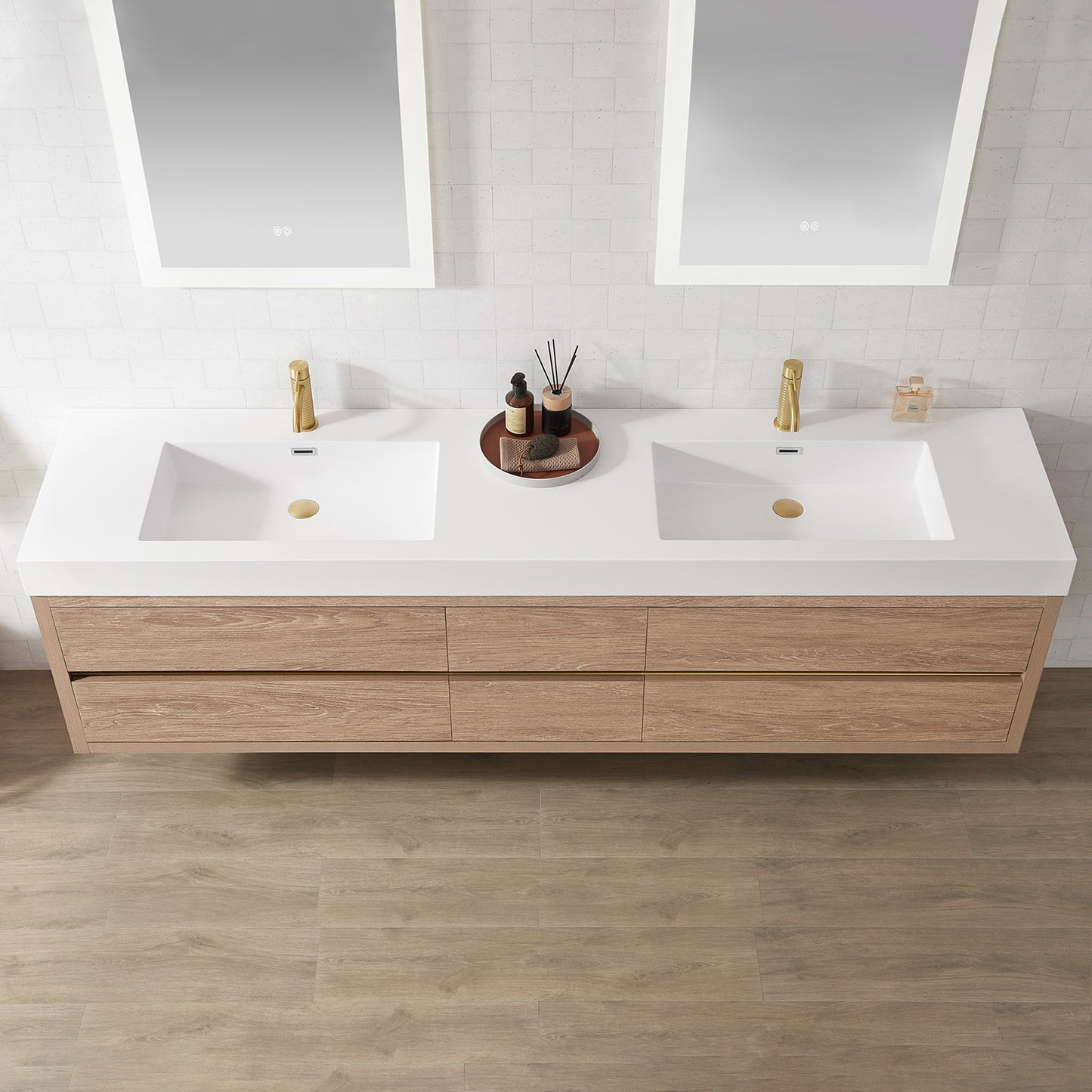 Vinnova, Palencia 84" Double Sink Wall-Mount Bath Vanity in North American Oak with White Composite Integral Sink Top and Mirror