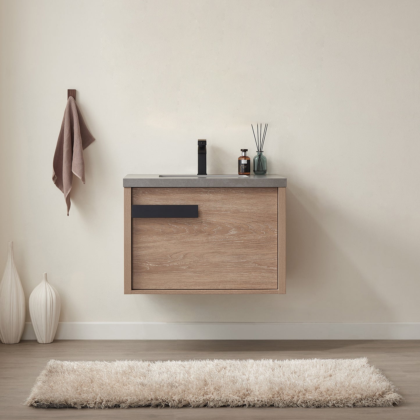 Vinnova, Carcastillo 30" Single Sink Bath Vanity in North American Oak with Grey Sintered Stone Top