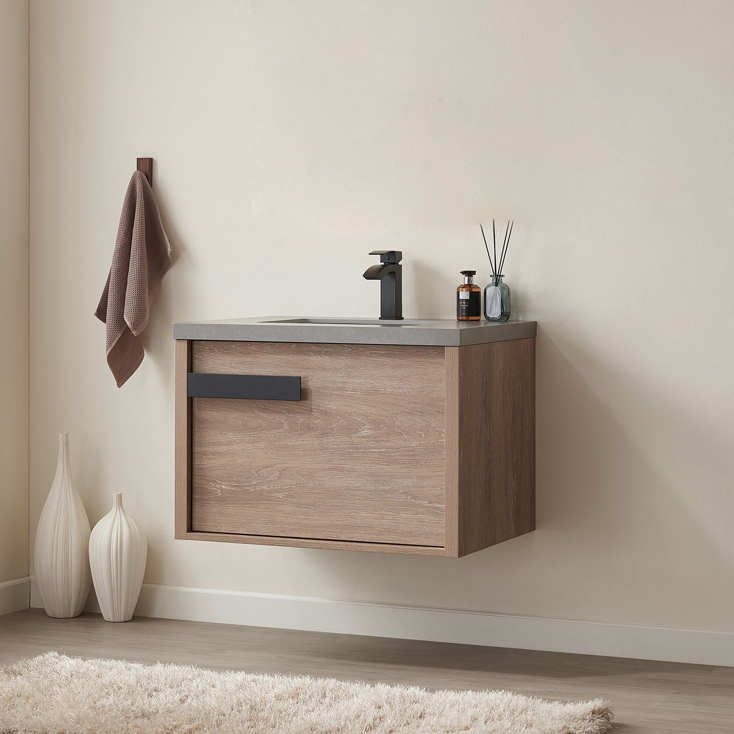 Vinnova, Carcastillo 30" Single Sink Bath Vanity in North American Oak with Grey Sintered Stone Top
