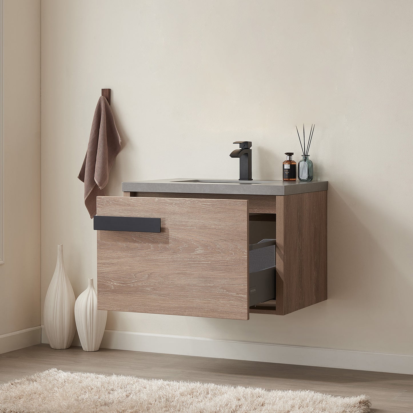 Vinnova, Carcastillo 30" Single Sink Bath Vanity in North American Oak with Grey Sintered Stone Top