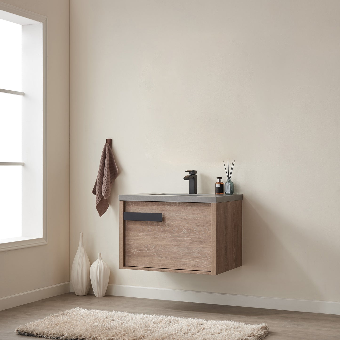 Vinnova, Carcastillo 30" Single Sink Bath Vanity in North American Oak with Grey Sintered Stone Top