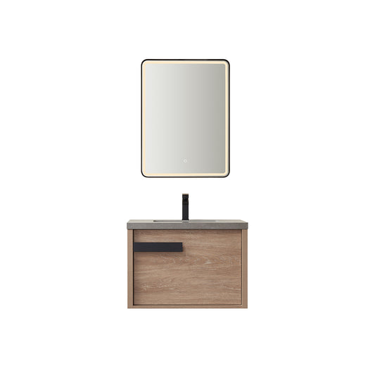 Vinnova, Carcastillo 30" Single Sink Bath Vanity in North American Oak with Grey Sintered Stone Top and Mirror